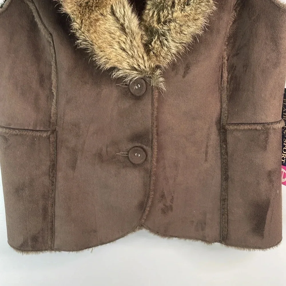 FLAIR SPORT NWT Fun Fur Shawl Collar Vest Brown Faux Suede Button Front MP - Picture 4 of 11